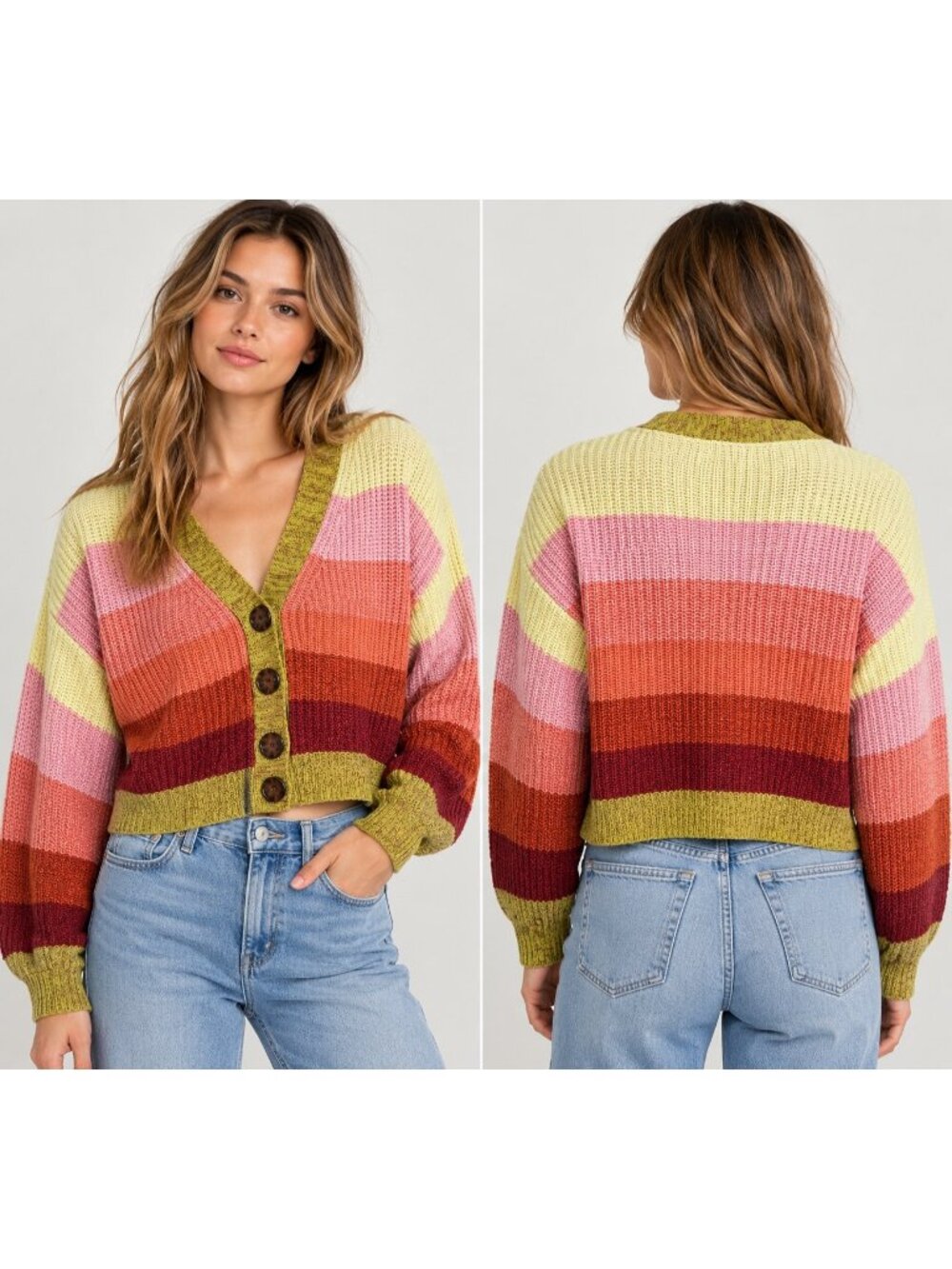 Urban Outfitters Women’s M Colorblock Cropped Cardigan Sweater Chunky Knit Boho